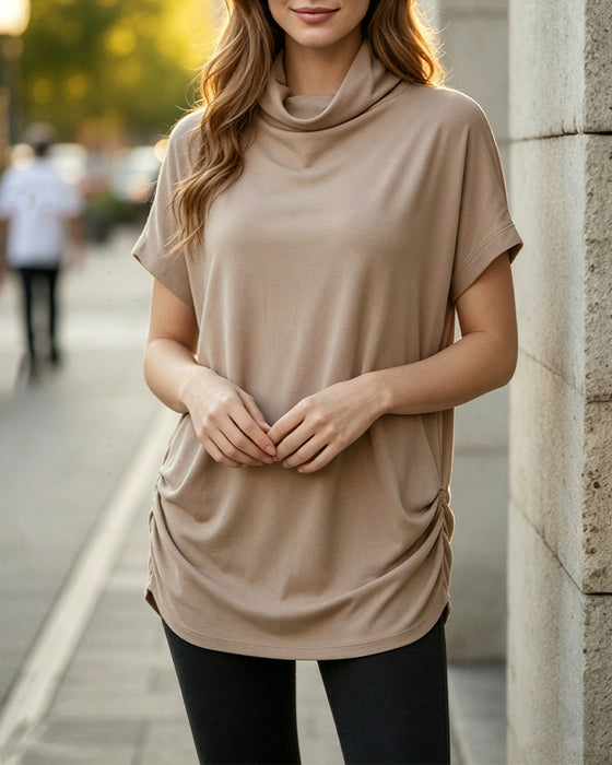 Mock Neck Short Sleeve Side Ruched Blouse