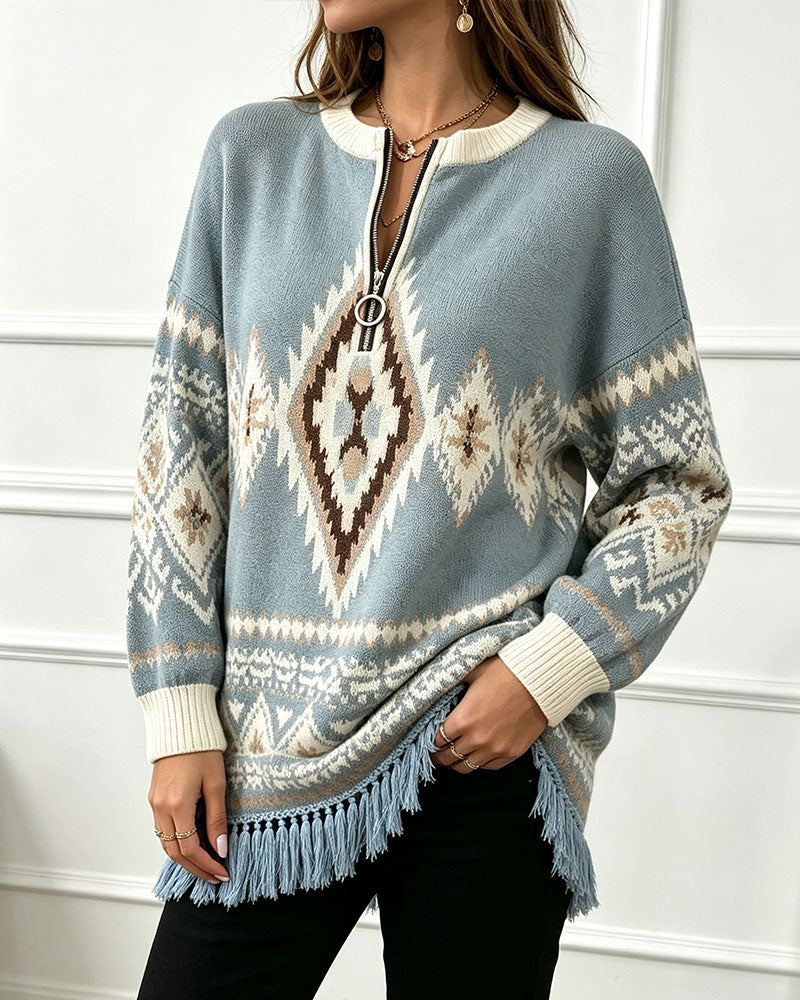 Geometric Jacquard Half-Zip Fringed Hem Pullover