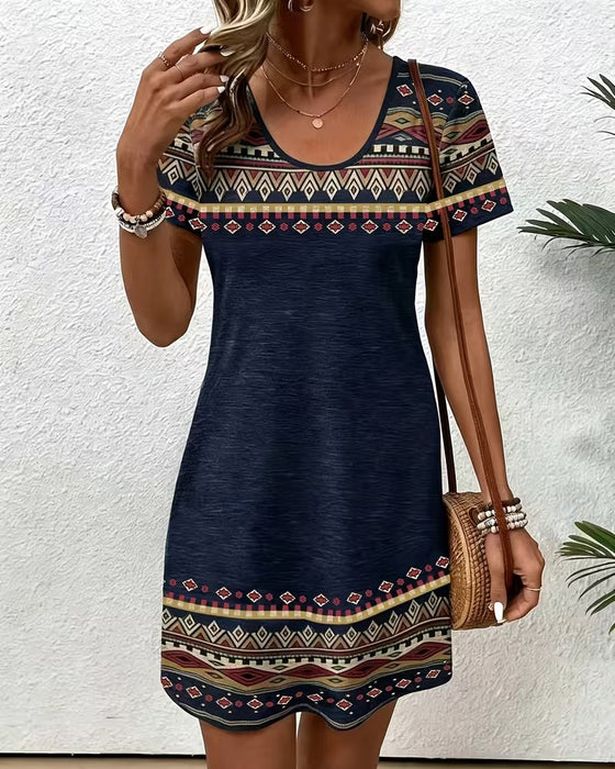 U-Neck Ethnic Color Block A-Line Dress