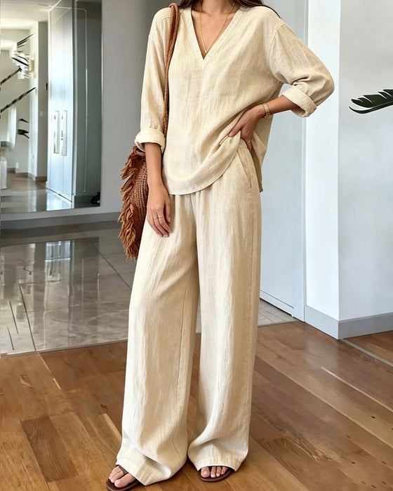 V‑Neck Solid Long‑Sleeve Wide‑Leg Set