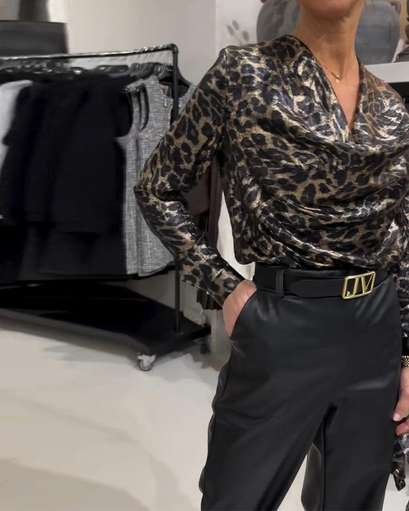 Stylish Leopard Print Shirt With Draped Collar