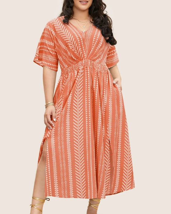 Deep V Blue White Geometric Stripe Waist Dress