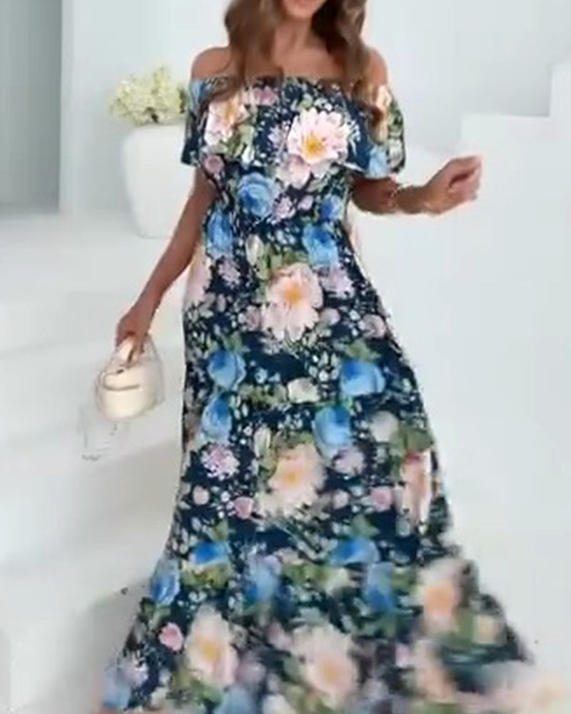 Off-the-Shoulder Floral Waist-Cinching Dress