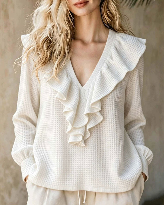 Waffle Knit V-Neck Ruffle Blouse