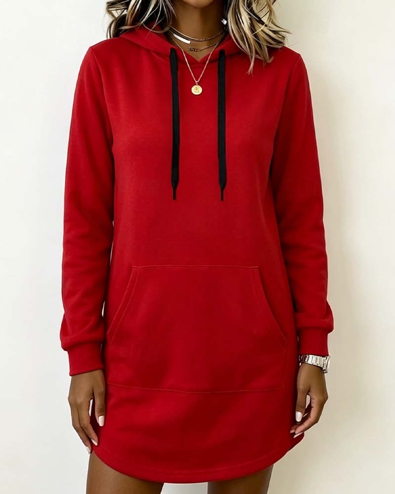 Solid Color Curved Hem Hooded Sweatshirt Dress