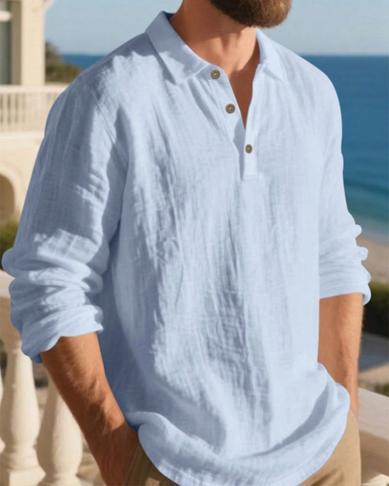 Men's Lightweight Loose Linen Long Sleeve Polo Shirt