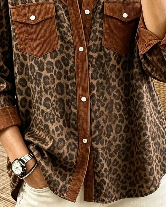 Lapel Button Leopard Color Block Shirt