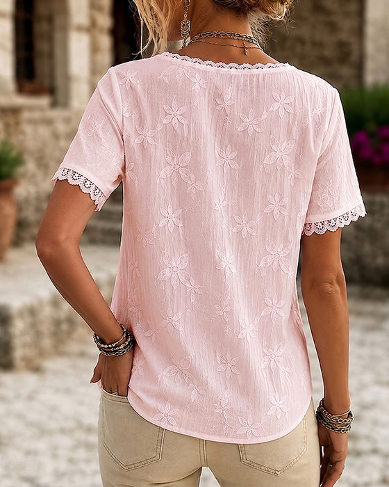V-Neck Lace Short Sleeve Blouse
