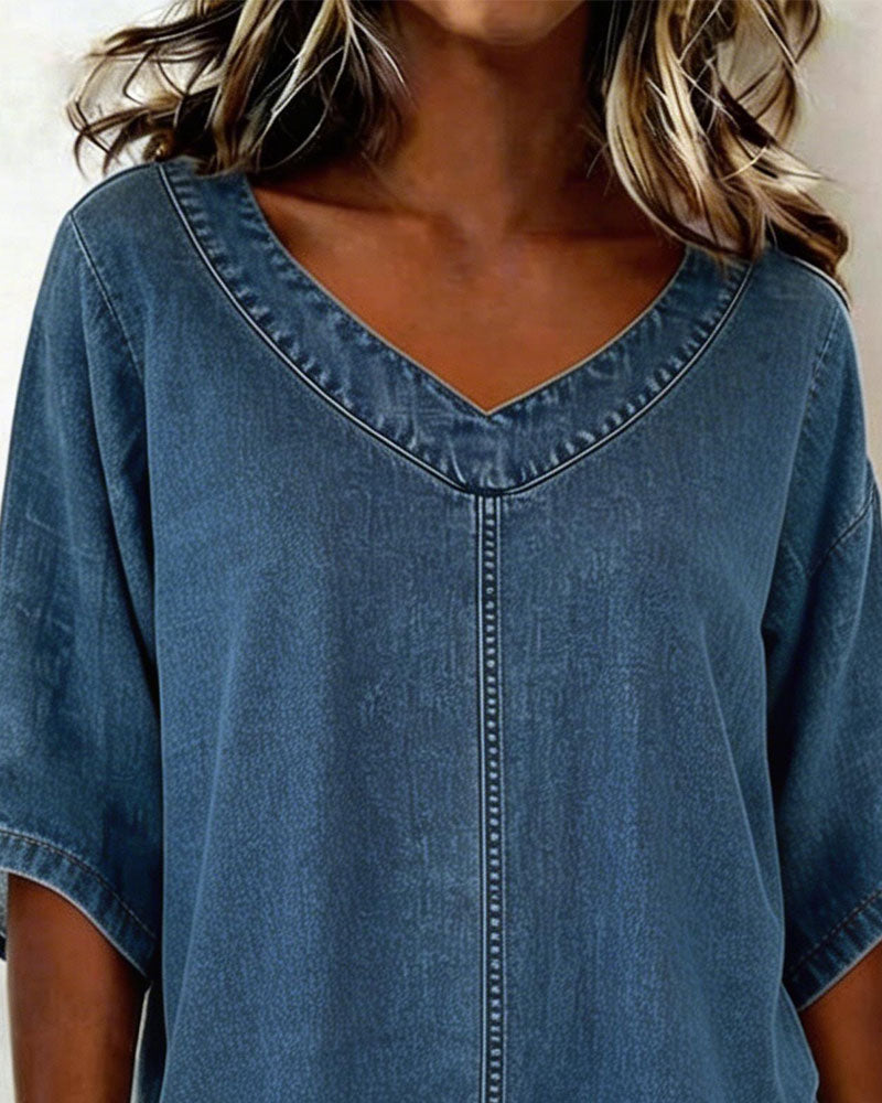 V-Neck Casual Denim Top