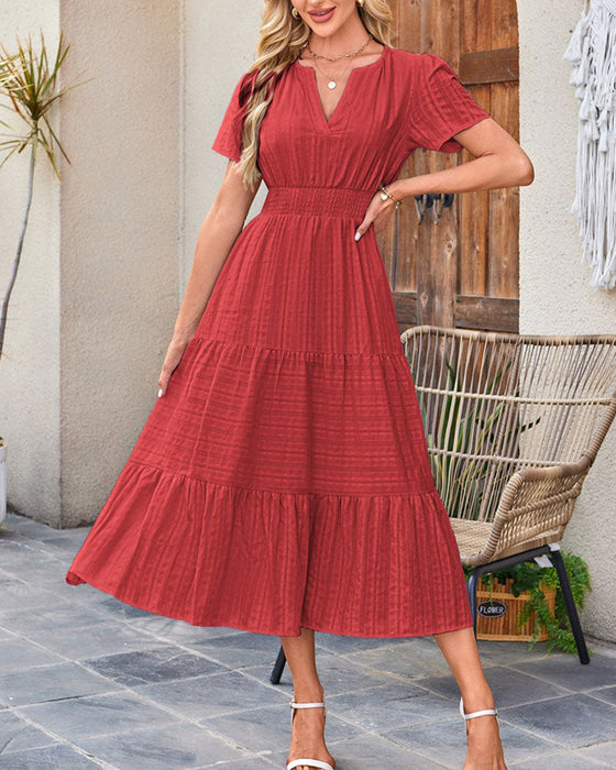 V-Neck Shirred Puff Sleeve Short Sleeve Dress