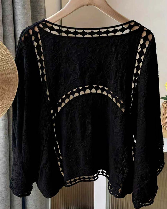 Solid Color Long Sleeve Hollow Out Cover Up