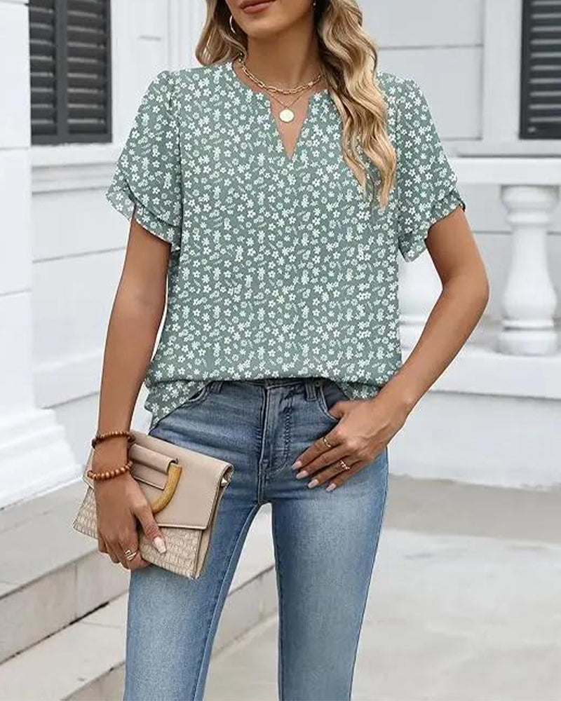Flower Print Small V-Neck Blouse