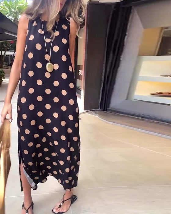 Sleeveless Polka Dot Slit Maxi Dress