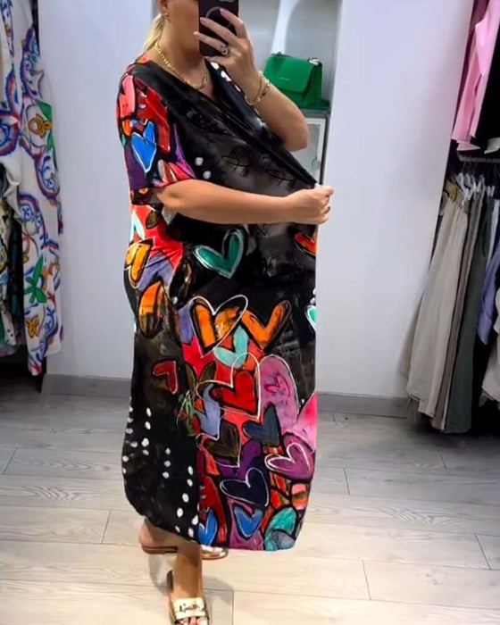 V-neck printed love casual dress