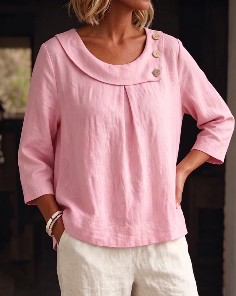 Rolled Hem Round Neck Button Loose Blouse