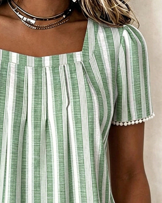 Striped Square-Neck Short-Sleeve Blouse