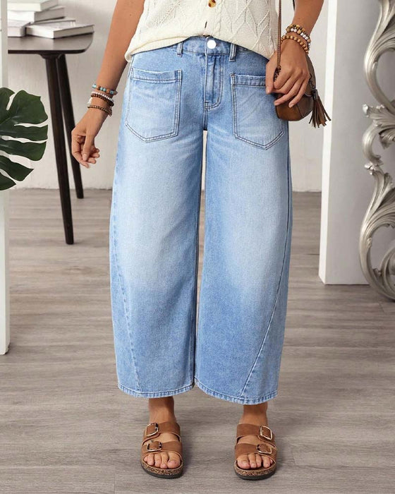 Denim Elastic Waist Wide-Leg Cropped Jeans