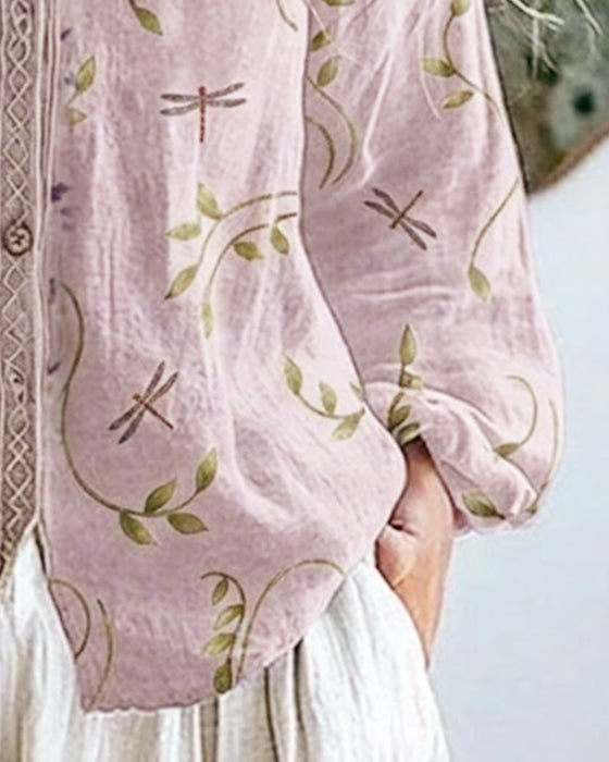 Dragonfly Embroidery V-Neck Blouse