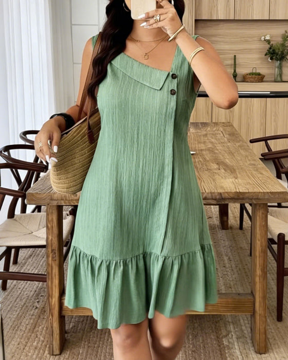 Asymmetrical Wrap Sleeveless Ruffle Hem Dress
