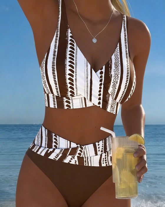 Hand-Drawn Stripe Cross Wrap Bikini