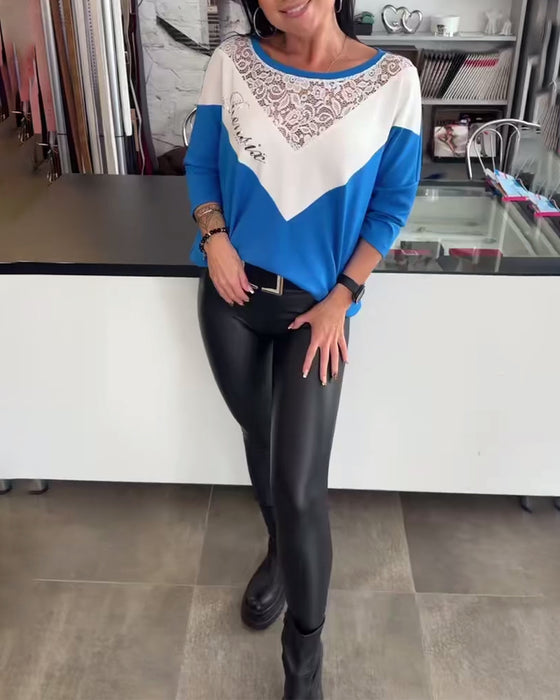 Fashionable Round Neck Patchwork Lace Top