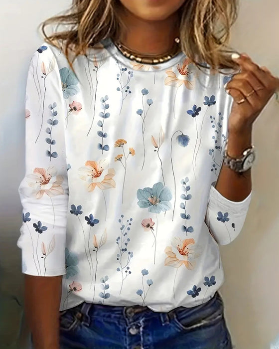 Round neck long sleeve printed top
