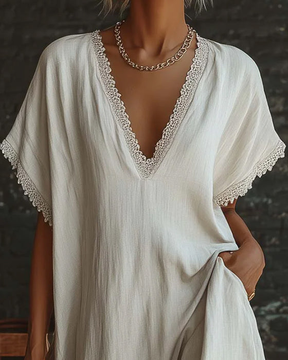 Solid Color V-Neck Fashion Long Dress