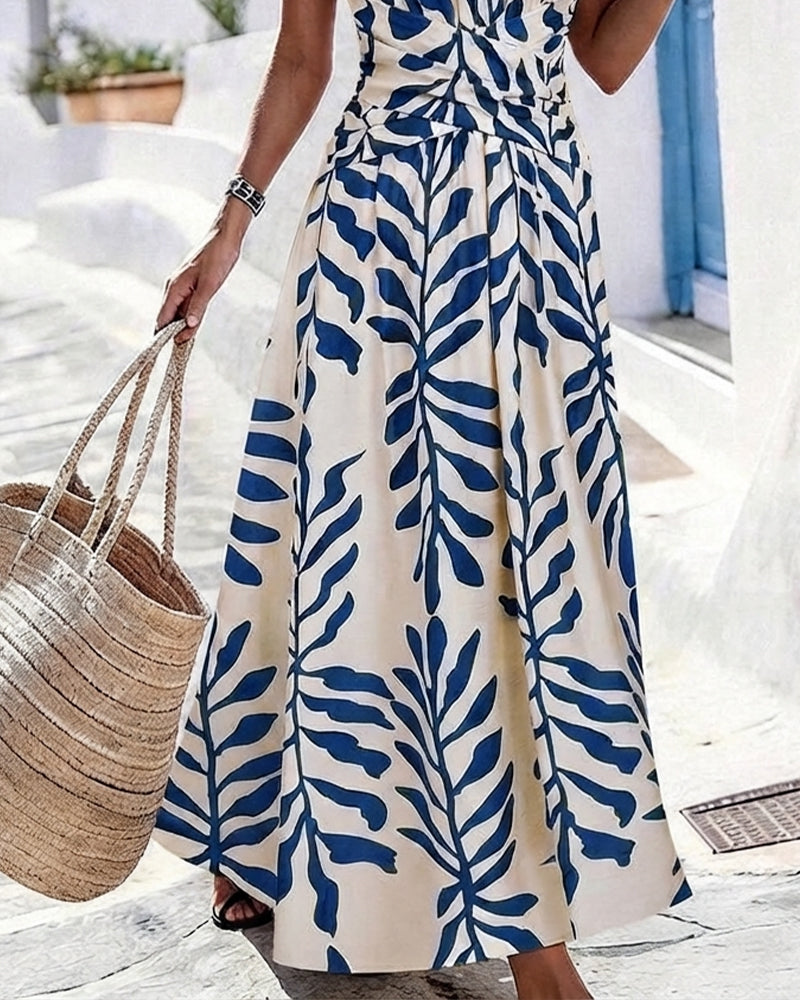 Green Leaves Waist-Cinching Sleeveless Dress