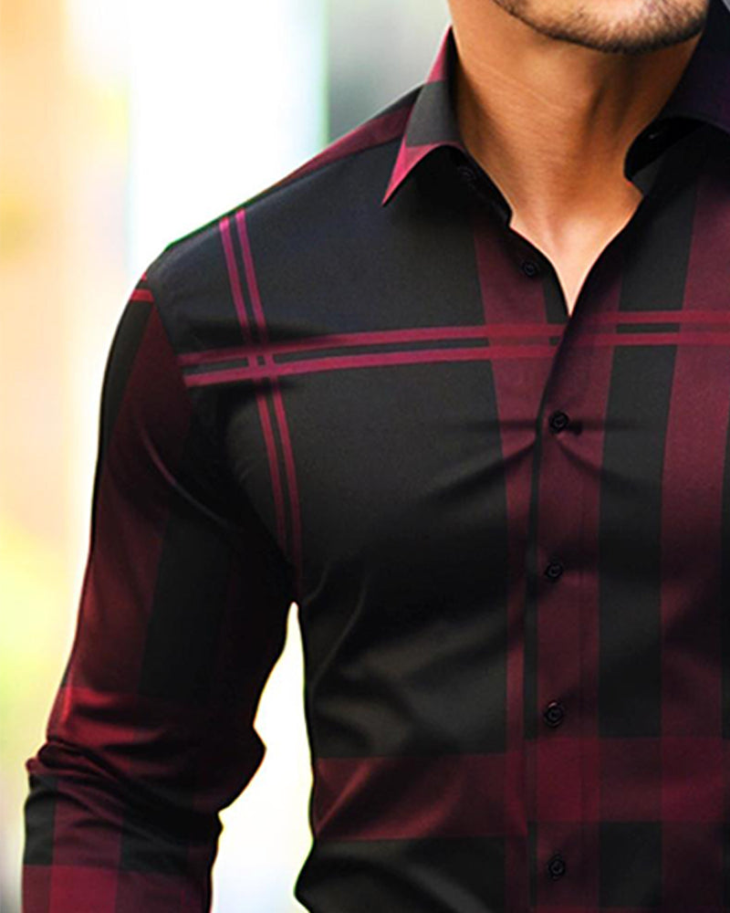 Men's Plaid Print Long Sleeve Button Down Dress Shirt