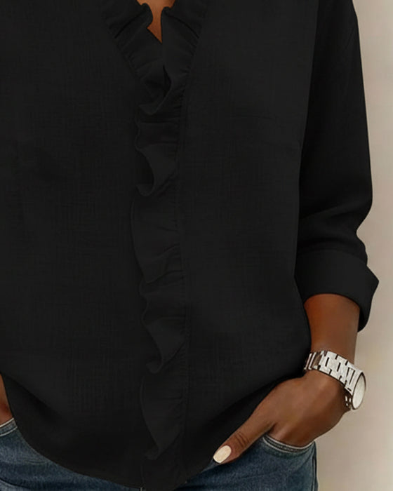 Ruffle V-Neck Long-Sleeve Blouse