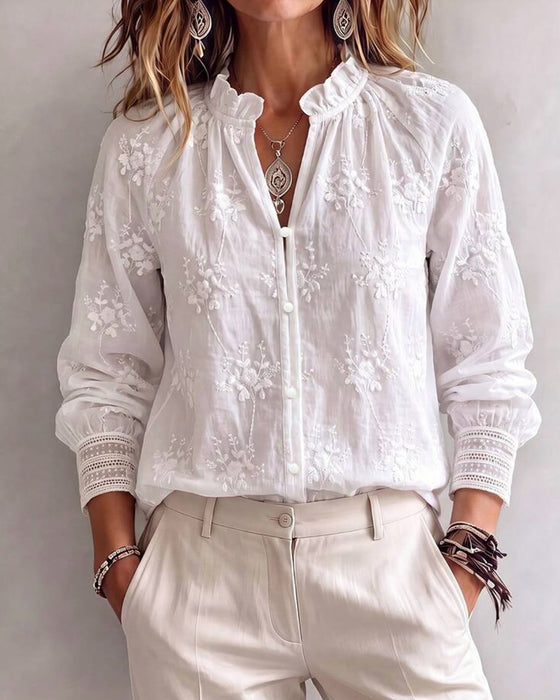 Ruffle Edge Mandarin Collar Blouse