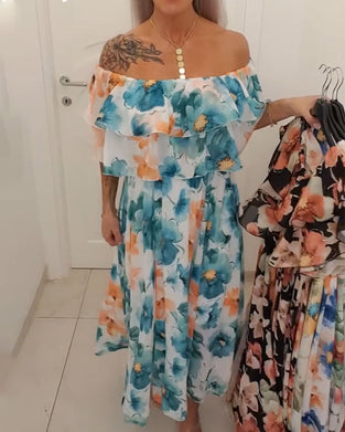Watercolor Floral Off-Shoulder Cake Long Dress