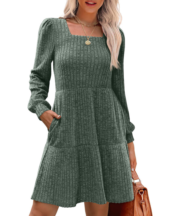 🍂2025 Autumn New Style⏰Women's Square Neck Lantern Sleeve Ribbed Dress