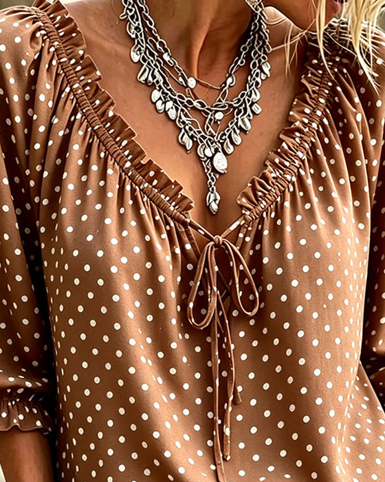 V-Neck Ruffle Polka Dot Tie Blouse