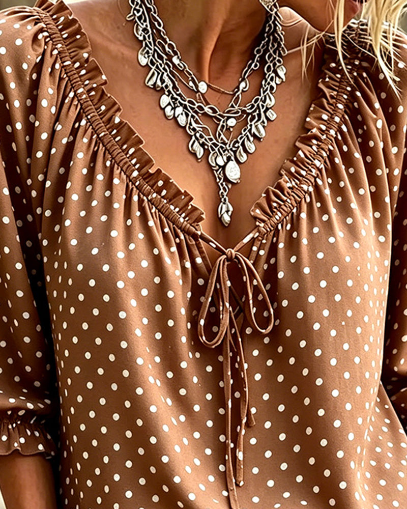 V-Neck Ruffle Polka Dot Tie Blouse