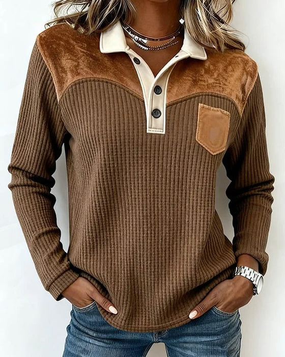 Shirt Collar Waffle Patchwork Sweatshirt