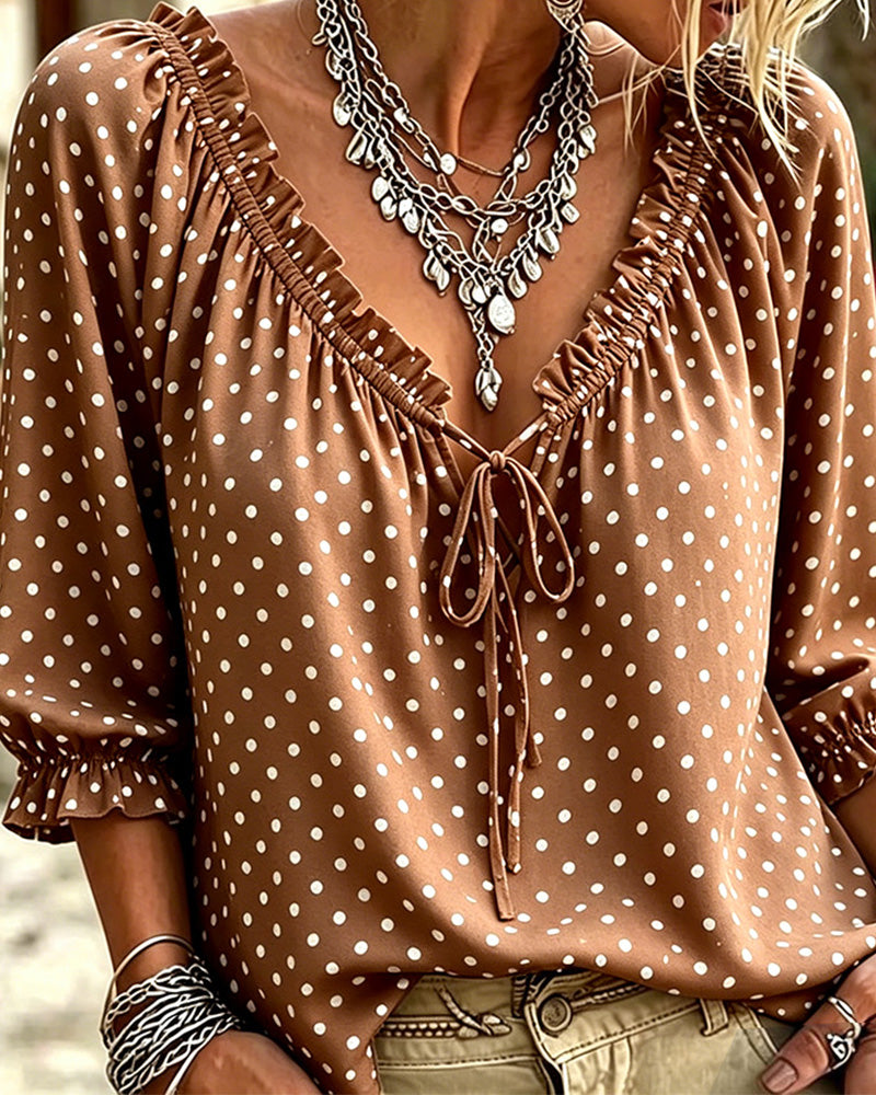 V-Neck Ruffle Polka Dot Tie Blouse