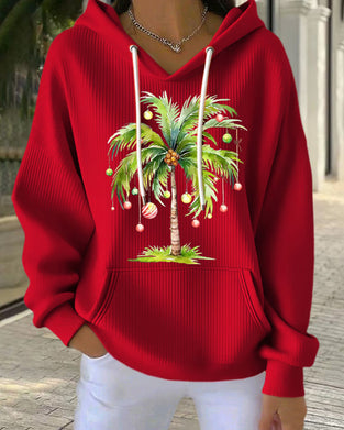 Hooded Casual Palm Tree Print Sweatshirt