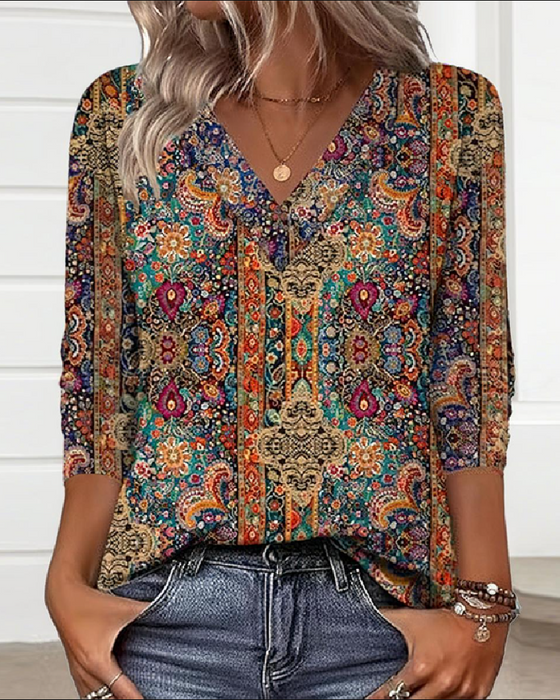 Retro Printed V Neck Blouse