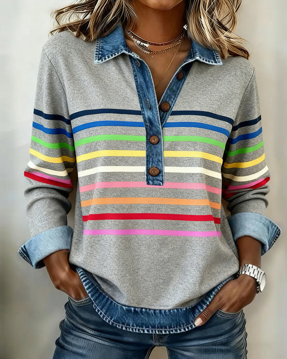 Rainbow Striped Patchwork Denim Sweatshirt