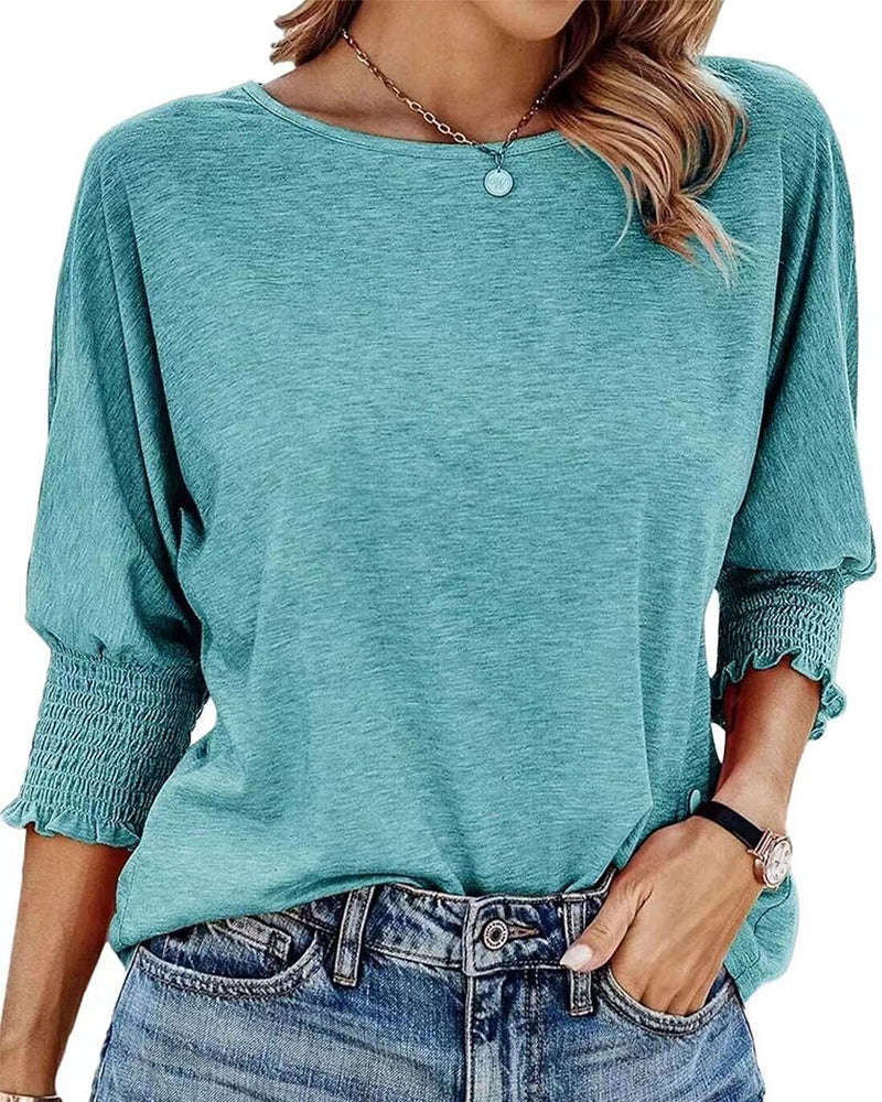 Loose Round Neck Shirred Cuff T Shirt