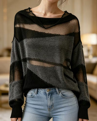 Contrast Color Sheer Long Sleeve Sweater Pullover