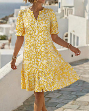 Daisy Print V-Neck Dresses