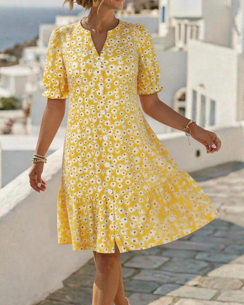 Daisy Print V-Neck Dresses