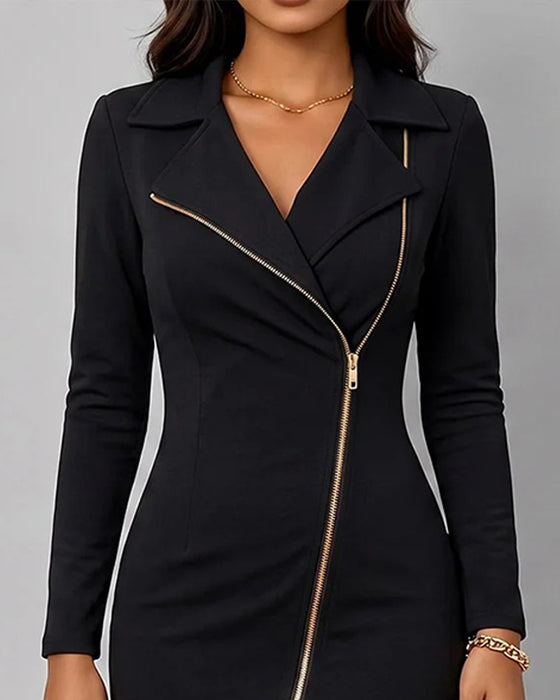 Lapel Diagonal Zip Slit Dress
