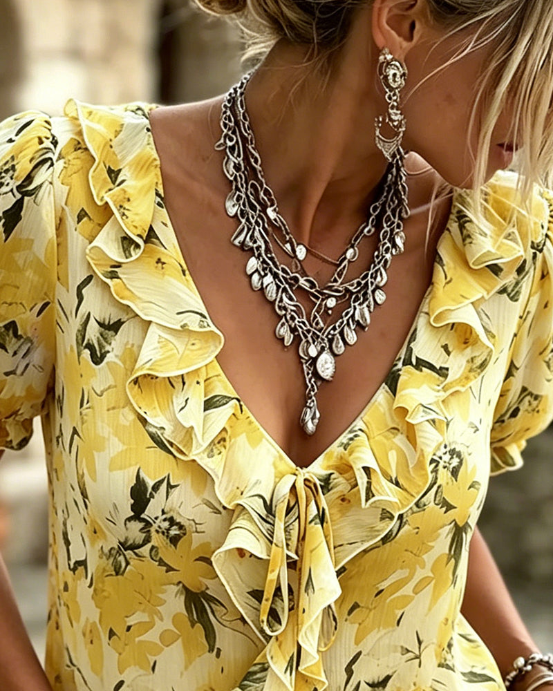 V-Neck Ruffle Bubble Sleeve Blouse
