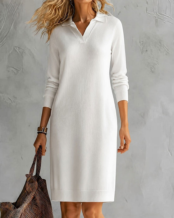 Lapel V-Neck Fitted Long Sleeve Dress