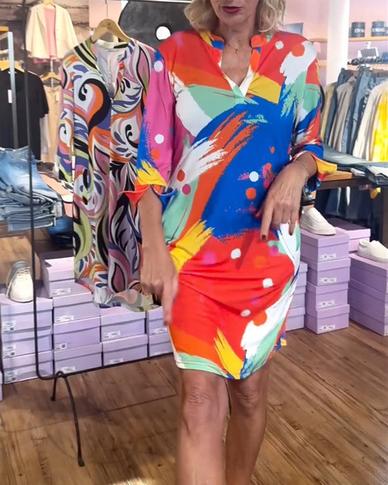 Colorful printed V-neck elegant dress