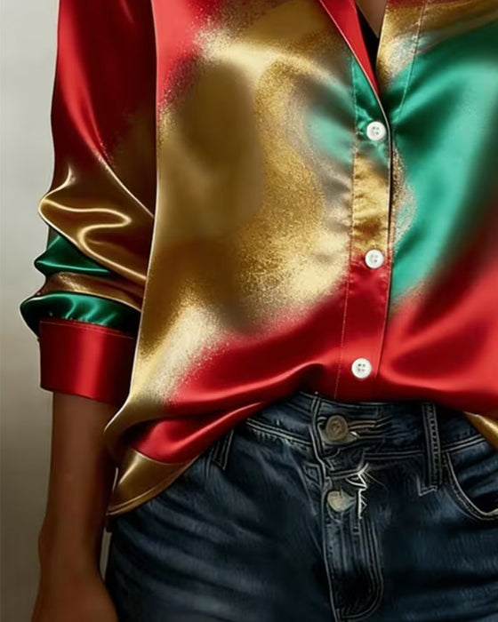 Color-Block Lapel Long Sleeve Shirt