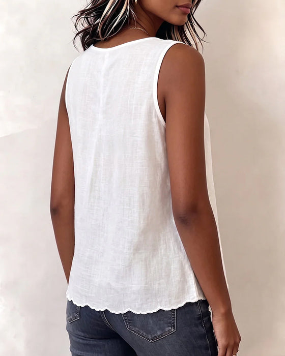 Solid-Color V-Neck Pleated Tank Top